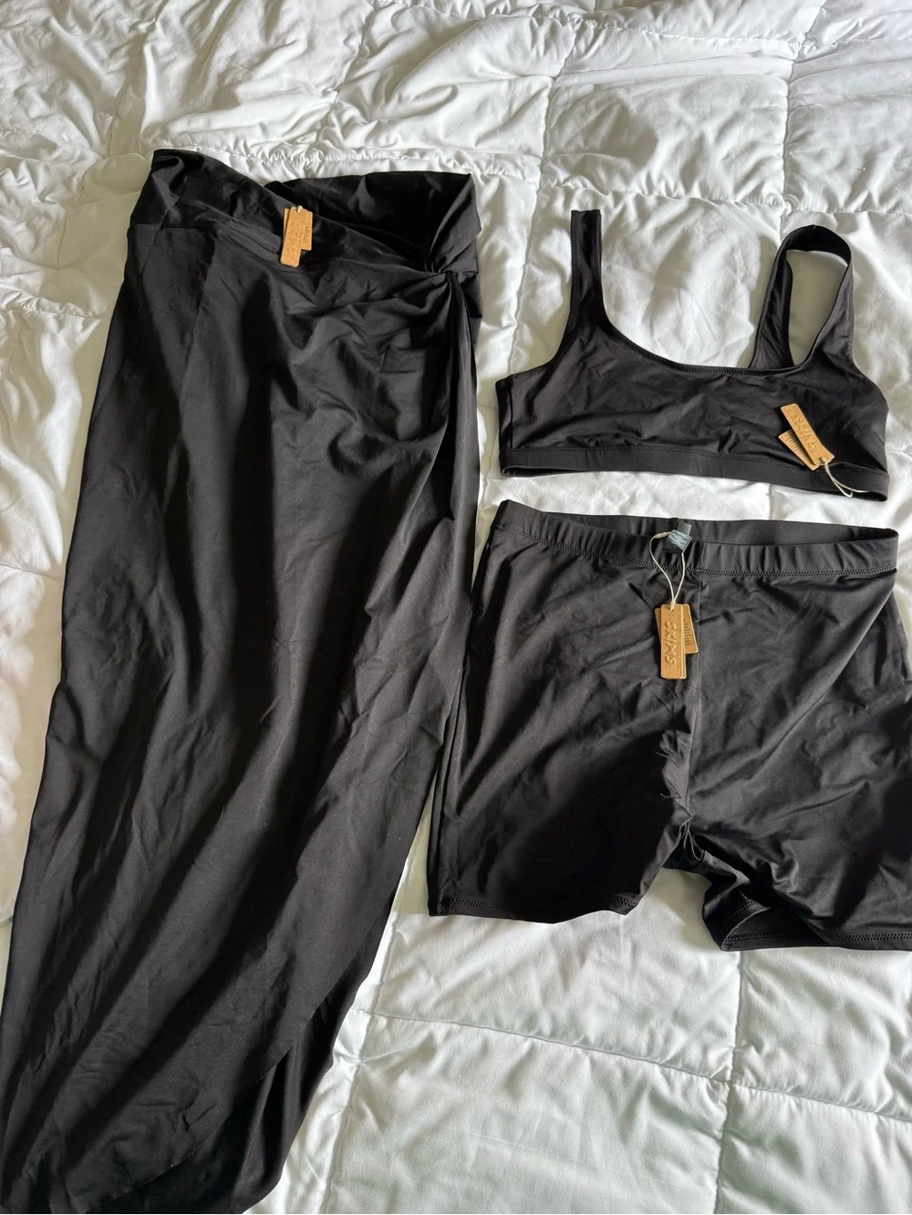 SKIMS Black Three-Piece Swim - Swim Shorts, Swim Top & Sarong
